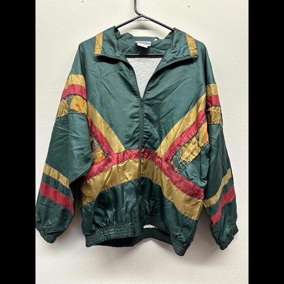 Other - Vtg Windbreaker Jacket Streetwear Green Gold Sz Medium Zipper Pockets Unique